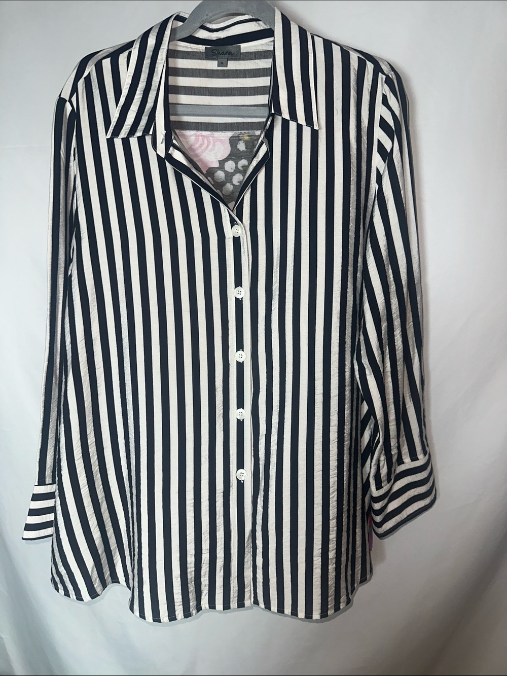 SHANA Black & Whit Vertical Stripe Button-Down Shirt with beautiful flowers back